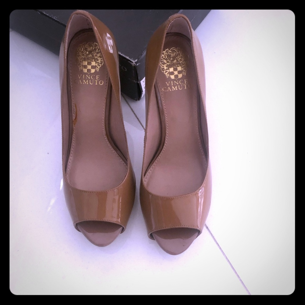 Dark tan/brown patented leather peep toe heels